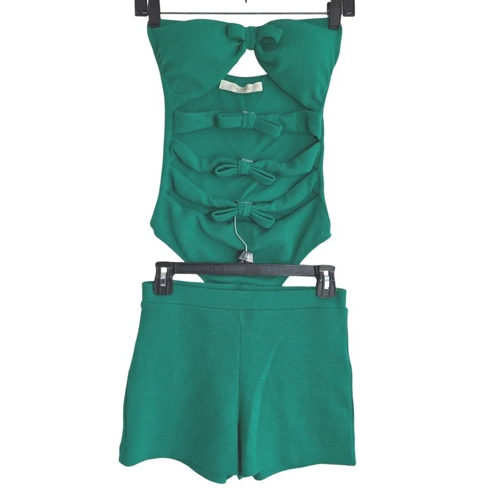 Pura Swimsuit Set Women P Green Bow Cutout Bandeau One Piece & Shorts Stretch